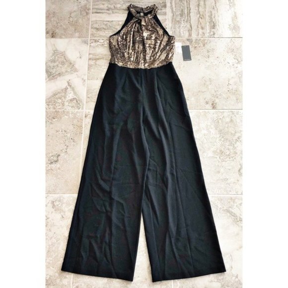 Julia Jordan Twist Halter Neck Jumpsuit Gold Metallic Wide Leg Size 8 NWT - Picture 15 of 17